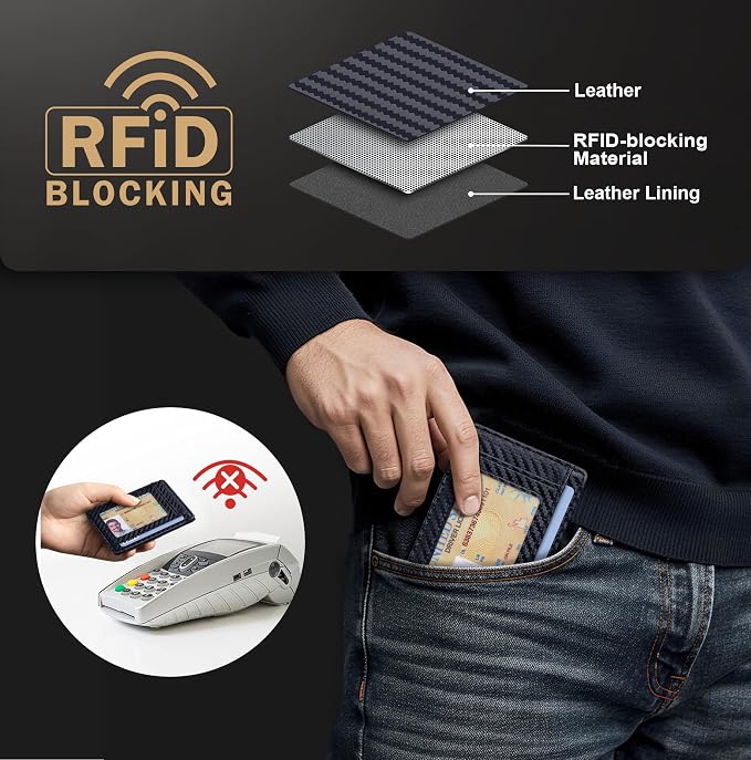 Travelambo Slim Wallet Front Pocket Minimalist Leather RFID Blocking Medium Size (Carbon Fiber Black) - Image 5