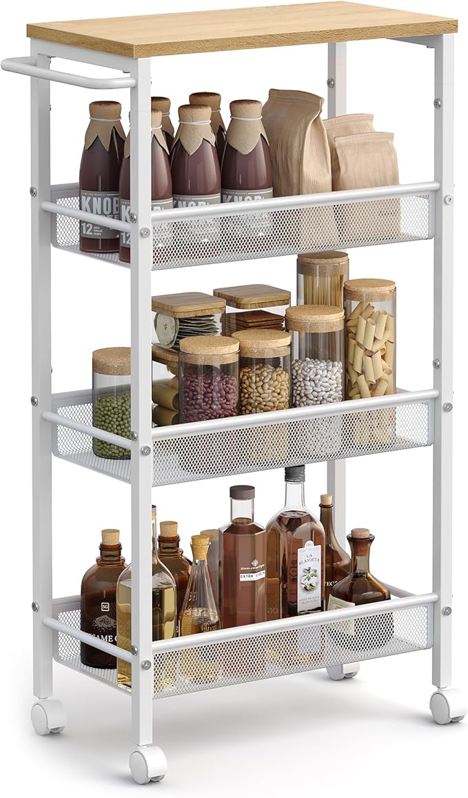 VASAGLE Slim Rolling Cart, 4-Tier, 8.7 Inches Deep, Steel Frame | Storage Cart with Handle, Narrow for Kitchen, Living Room, Golden Oak and Matte White, DACEY Collection ULRC033W09 by Unknown