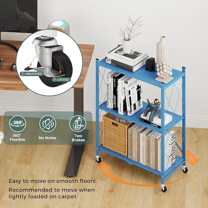 DEANIC 3 Tier Foldable Storage Shelves with Wheels, Kitchen Appliance Stand, Freestanding Metal Wire Shelf Rack, No Assembly Organizer Rolling Cart for Garage, Basement, Pantry(Blue Pack of 2) - Image 9