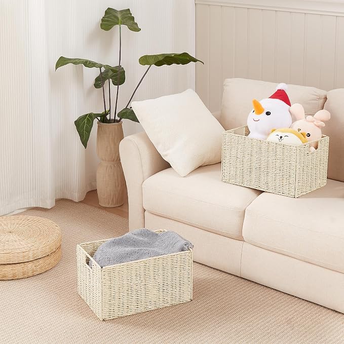 Wicker Storage Basket, Set of 2 Hand-Woven Paper Rope Wicker Basket, Small Storage Baskets for Organizing Toilet Paper Baskets, Foldable Large Cube Storage Organizer Bin for Shelves (Beige) - Image 6