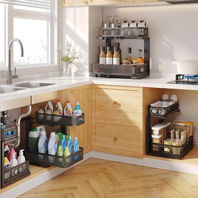 2 Pack 15.7IN-Depth Under Sink Organizer With Smooth Cylindrical Rail,2-Tier Pull Out Multi-Purpose Cabinet Storage for Bathroom&Kitchen,Height Adjustable,Rust-resistant Coating-Black - Image 7
