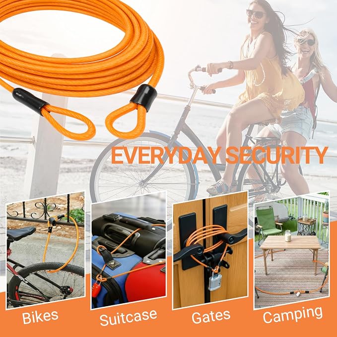 5mm Security Cable Lock with High Reflective Threads, Flexible Steel Safety Cable for Bicycle Motorcycle Luggage, 4FT 7FT 10FT 15FT Double Loop Design (Orange, 2pack-7FT) - Image 3