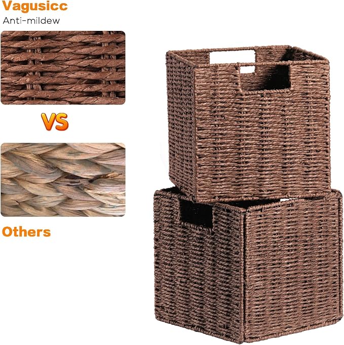 Wicker Storage Basket, Set of 2 Hand-Woven Storage Baskets for Shelves, Foldable Cube Storage Baskets Bins with Handles, 9 inch Small Wicker Baskets for Organizing Pantry Bedroom, Brown - Image 2