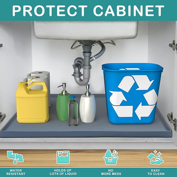 URMONA Waterproof Silicone Under Sink Mat 22'' x 19'' Shelf Liner for Kitchen and Bathroom, Cabinet and Counter Protector, Storage and Organizers, Litter Mat, Pet Cat Puppy Essentials(Black) - Image 2