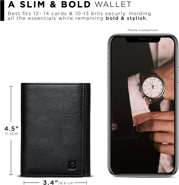 SERMAN BRANDS Trifold Wallet for Men - RFID Blocking Genuine Leather, 11 Card Slots & ID Window, Slim Everyday Carry, Durable Stitching, Gift for Him - Image 3