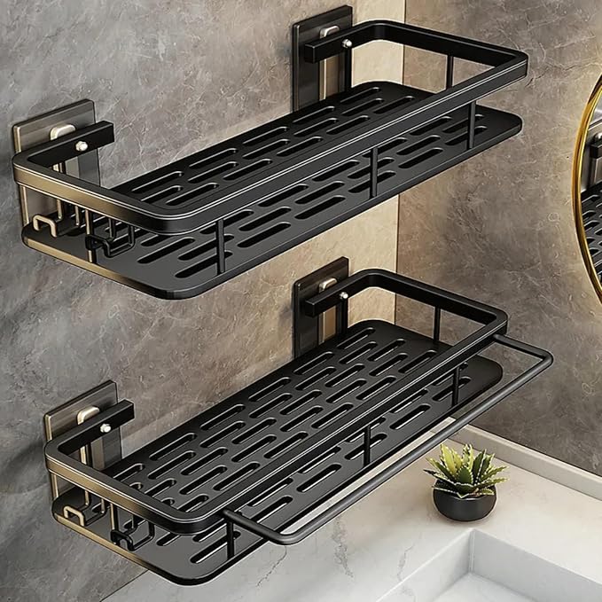 Shower Organizer and Storage: Aluminum Shower Caddy Adhesive Bathroom Shelves No Drill Wall Mount Bathroom Rack with Hooks and Towels Rod for Inside Shower (2 Pack) - Image 3