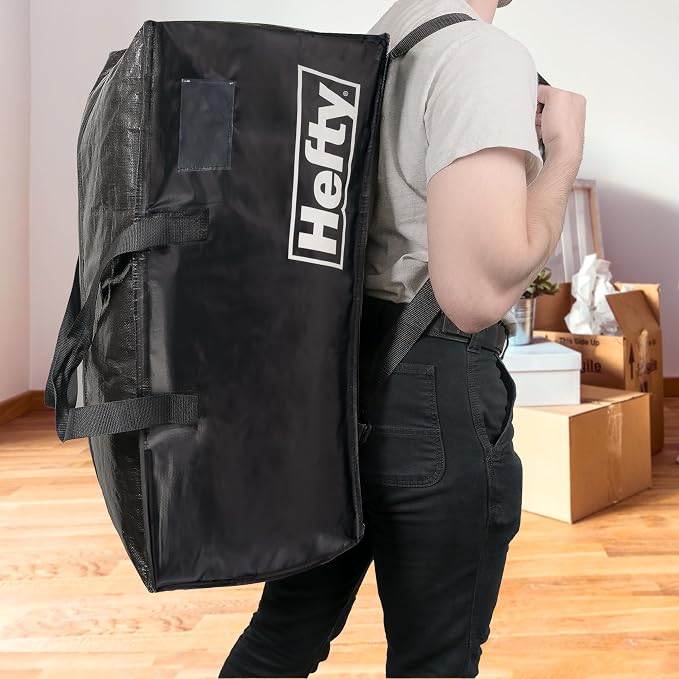 Hefty Moving Bag – Extra Large Double Zipper Backpack – Heavy Duty, Water Resistant, Foldable, Reusable Packing & Storage Tote with Shoulder Straps for Garage and Basement Organization – 2 Pack - Image 3