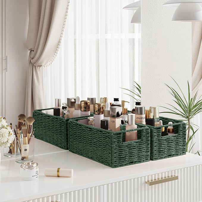 Wicker Storage Basket, Set of 2 Hand-Woven Paper Rope Wicker Basket, Small Storage Baskets for Organizing Toilet Paper, Foldable Small Cube Organizer Bins for Shelves and Bathroom (Green) - Image 2