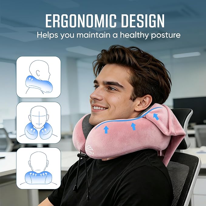 SkytraxComf® Travel Neck Pillow with Hood for Privacy on Long Flights | Memory Foam | Airplane Sleep | Safety-Tested Materials | Extra Large Hood | Chin Support | Earplugs | Washable Cover - Image 3