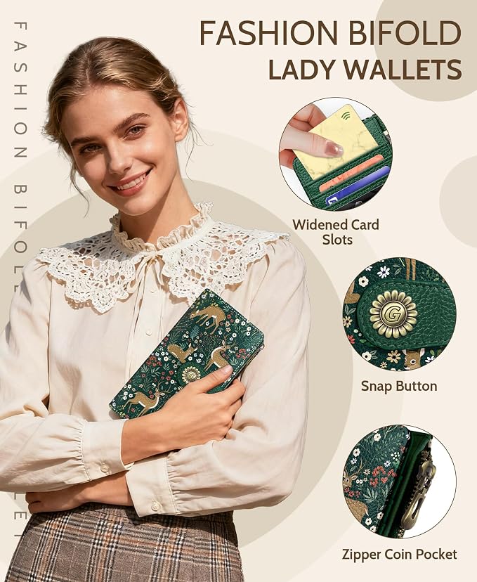 GIANCOMICS Cute Womens Wallet RFID, Flower Forest Credit Card Holder Bifold | Billfold, Cute Cash Purse, Travel Zipper Coin Pocket, Compact Clutch, PU Leather, ID Window, 11 Card Slots, Ladies Gift Woman - Image 6