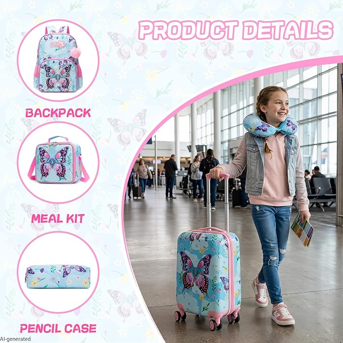 Kid's Luggage Set 5 Piece Suitcase Set 16" Hardside Luggage with Spinner Wheels Blue Butterfly Girls Carry on Toddler Travel Rolling Suitcase with Neck Pillow Airline Approved - Image 5