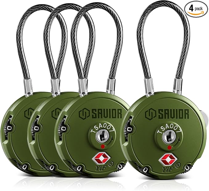 Savior Equipment Quality TSA-Approved 3-Digit Combination Cable Travel Luggage Locks for Rifle Bag Firearm Gun Case Accessories Ammo Boxes Outdoor Storage, Olive Drab Green, 4-Pack by SaviorEquipment