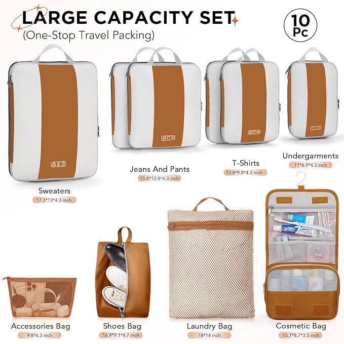 OlarHike 10 Set Compression Packing Cubes for Travel Essentials,Compressible Expandable Space Saver Bags for Organizing Clothes,Luggage Suitcase Garment Bags with Over 1000 pcs Mesh Holes(Brown) - Image 2