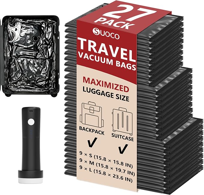 Travel Vacuum Bags for Clothing with Rechargeable Pump 27 Combo, Black | Compression Packing Cubes Organizer Storage for Luggage Suitcase, Space Saver Seal Bags for Vacation Cruise by SUOCO