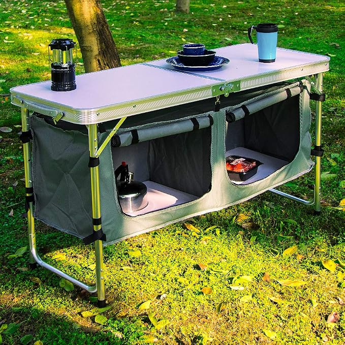 CampLand Outdoor Folding Table Aluminum Lightweight Height Adjustable with Storage Organizer for BBQ, Party, Camping - Image 2