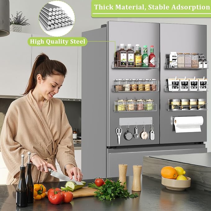 Magnetic Spice Rack for Refrigerator, 9 Pack Magnetic Fridge Shelves W/Adjustable Paper Towel Holder, Hook Rack, Moveable Spice Organizer Shelf for Kitchen Organization and Storage (Grey) - Image 6