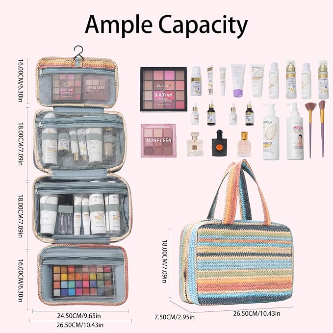 Toiletry Bag with Hanging Hook Straw Rainbow Stripes Cosmetic Bag Water-resistant Travel Bag Preppy Makeup Bag for Store Toiletries Cosmetic Accessories and Sets for Women Blue - Image 4