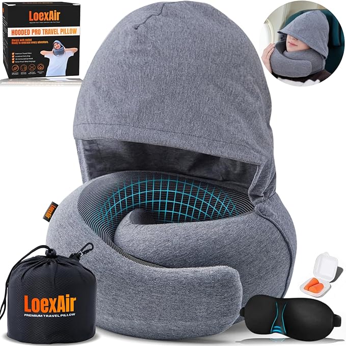 LOEXAIR™ Hooded Pro Travel Pillow - Memory Foam Neck Support Pillow for Airplane, Flight - Super-Soft Pure Cotton Fabric, Maximum Privacy & Light-Block Design, Lightweight Full Travel Kit - Light Grey by LoexAir