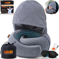 LOEXAIR™ Hooded Pro Travel Pillow - Memory Foam Neck Support Pillow for Airplane, Flight - Super-Soft Pure Cotton Fabric, Maximum Privacy & Light-Block Design, Lightweight Full Travel Kit - Light Grey by LoexAir