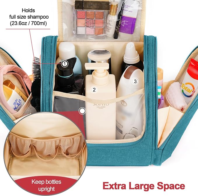Travel Hanging Toiletry Bag for Women and Men, 6 Organizer Compartments, Holds Full Size Bottles, Extra Large Cosmetic Accessories, Makeup essentials, Bathroom Water-resistant Toiletries Bag, Blue - Image 3