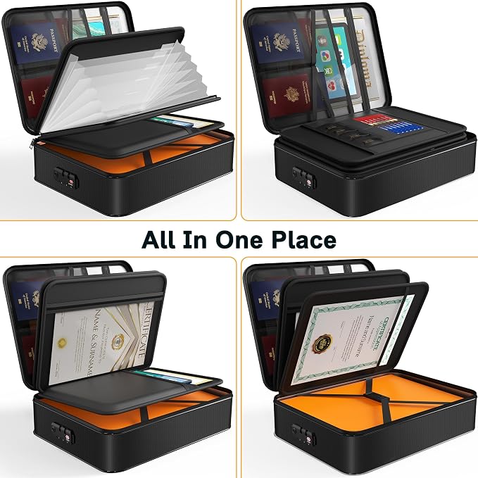 5200℉ Fireproof Document Box with Lock 16.1"x11.4"x4.3" | Portable ,Home ,Travel Water Resistant Document Storage Organizer with for Important Documents and File ,Black - Image 3