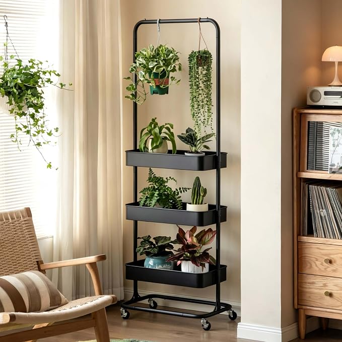 Tall 3 Tier Rolling Cart, Metal Storage Rack with Wheels for Indoor Spaces | Rust-resistant steel frame with adjustable tiers, locking wheels and 50 lbs shelves for flexible indoor organization. by Unknown