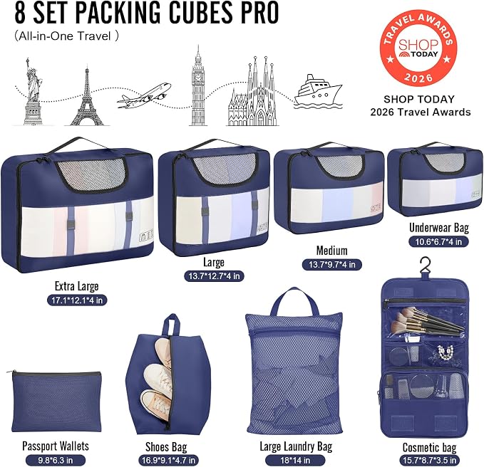 Veken 8 Set Packing Cubes for Travel Essentials,Anti-Wrinkle Buckled Suitcase Organizer for Shoe & Toiletry Bag,Carry On Luggage Bag with 99+ Count Mesh Holes for Airplane & College Dorm Accessories - Image 2