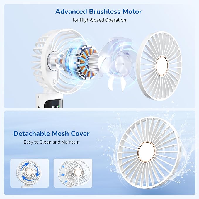 Portable Handheld Fan, USB Rechargeable Foldable Mini Personal Fan, 5200mAh, 180 Adjustable, 6 Speed Wind, 3 IN 1 Hand Cooling Desk Fan with LED Display for Home Office School Outdoor Travel, White - Image 3