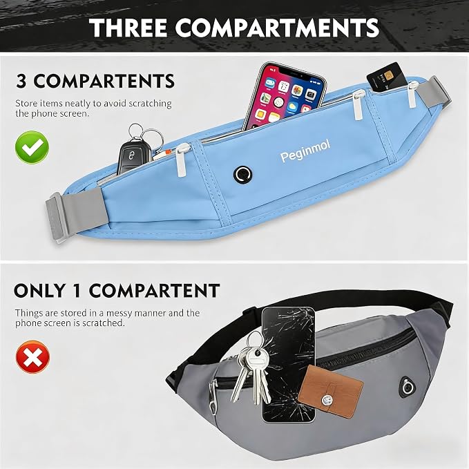 Slim Running Belt Fanny Pack, Waist Pack Bag for Women Men, Running Pouch for Phone Waterproof Reflective with 3 Pouches, Running Phone Holder for Sports, Traveling (Skyblue) - Image 3