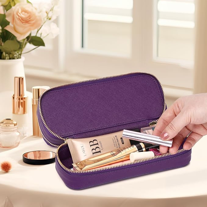 Pinkmik Double Layer Makeup Bag, D.Purple | Makeup Brush Case, Waterproof, Travel Cosmetic & Toiletry Organizer, Car Essentials for Women - Image 3