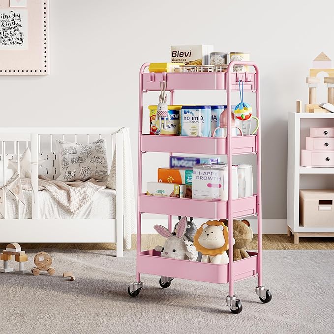 TOOLF 4 Tier Metal Rolling Cart, Utility Storage Cart with Wheels, Pink | Screwless Assembly, Lockable Metal Wheels, Trolley Organizer for Bathroom, Kitchen, Office, Dorm, Laundry, Craft Room - Image 8