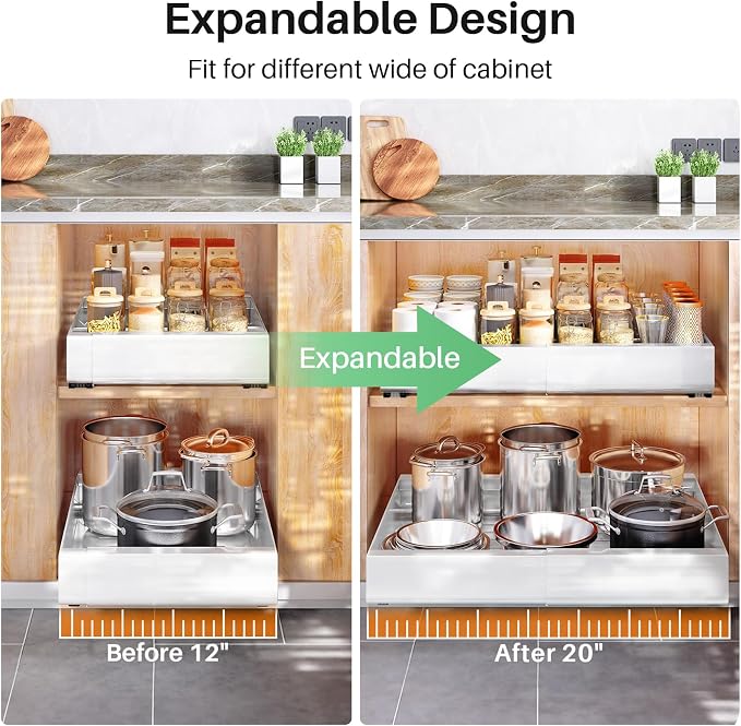 Pull out Cabinet Organizer, 6-pack, Expandable(12"-20") Heavy Duty Slide out Drawers Fixed with Adhesive Nano Film for Pots, Roll out Shelf Storage for Kitchen Base Cabinet Organization(3 Rails) - Image 8