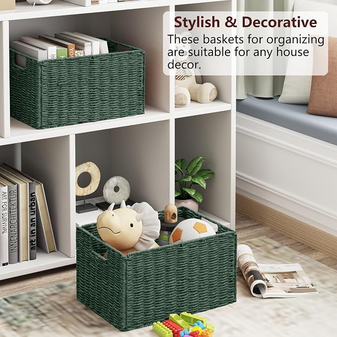 Large Wicker Storage Basket, Collapsible Baskets for Organizing | Set of 2 Hand-Woven Paper Rope Wicker Basket, 17"x 12" Closet Organizers and Storage with Handles Home Organization, Green - Image 4