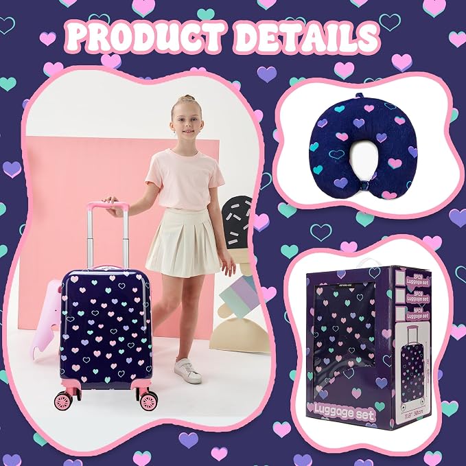 Kid's Luggage Set 5 Piece Suitcase Set 16" Hardside Luggage with Spinner Wheels Girls Carry on Toddler Travel Rolling Suitcase with Neck Pillow Airline Approved - Image 5