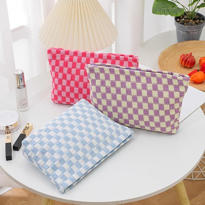 Cosmetic Bags for Women - Corduroy Cosmetic Bag Aesthetic Women Handbags Purses Smile Dots Makeup Organizer Storage Makeup Bag Girls Case Bags (Q-Checkered Rose pink) - Image 4