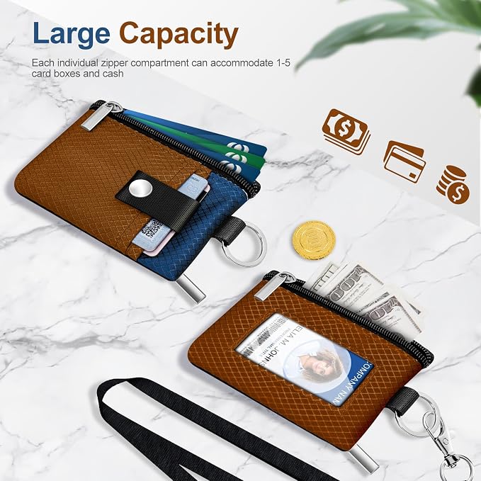 Minimalist RFID Blocking Small Wallet with ID Window,WaterResistant Zip Id Case Wallet with Lanyard Keychain for Cards,Cash,Travel,Women,Men (Brown/Electric Blue) - Image 7