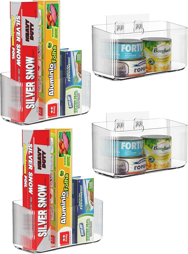 4 Pack Cabinet Door Organizers Plastic Wrap Holders for Kitchen Organizers, No drilling Wall Door Mount Kitchen Wrap Rack for Foil Wrap, Cling Wrap, and Food Bags, Clear by FavoThings
