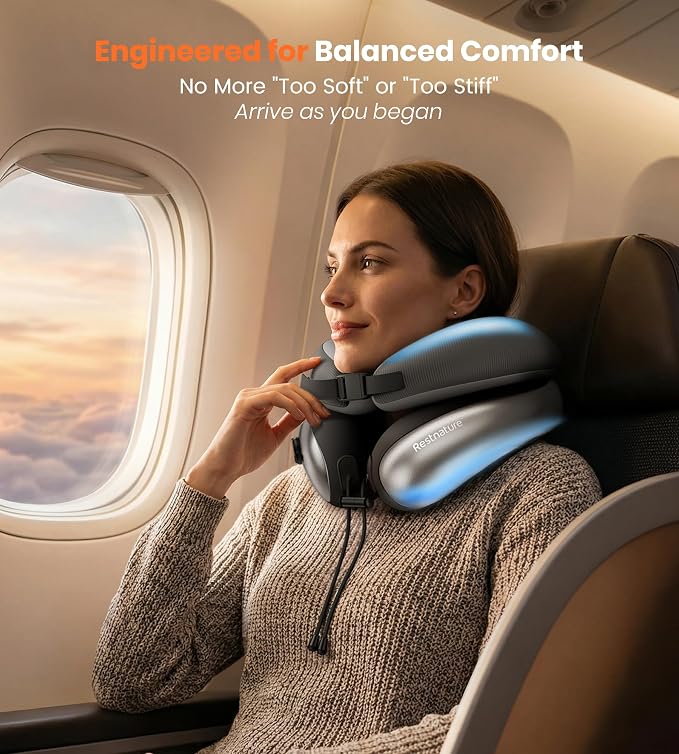 Neck Pillow for Traveling, Travel Pillows for Airplanes, Adjustable Neck Pillow Airplane Travel Essentials - 2 Layer Patented | Inflatable Air Loop & Memory Foam for 360° Ergonomic Support - Image 4