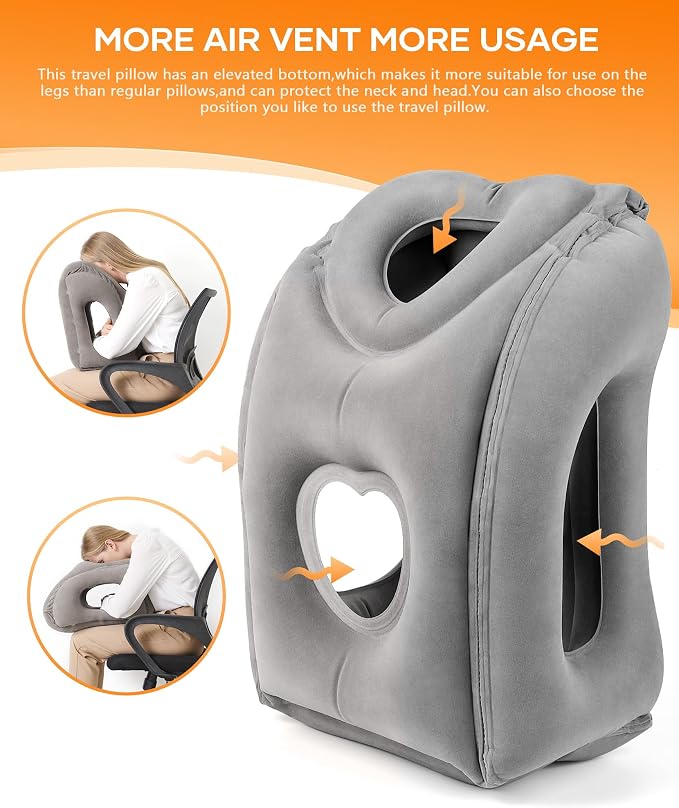 Sunany Travel Pillow, Upgraded Plane Pillow for Long Flights, Inflatable Neck Pillow Used for Airplanes,Cars,Buses,Trains,Office Napping with Eye Mask,Earplugs (Gray) - Image 2