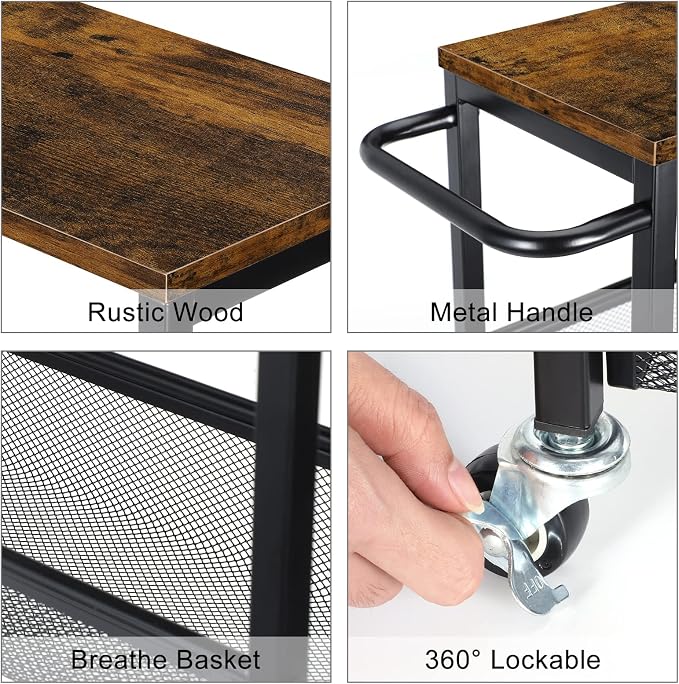 Slim Storage Cart, Metal Narrow Rolling Storage Cart for Kitchen, Black | Wooden Top, on Wheels, Wide Handle, Shelving Unit for Small Space, Easy to Install. - Image 4