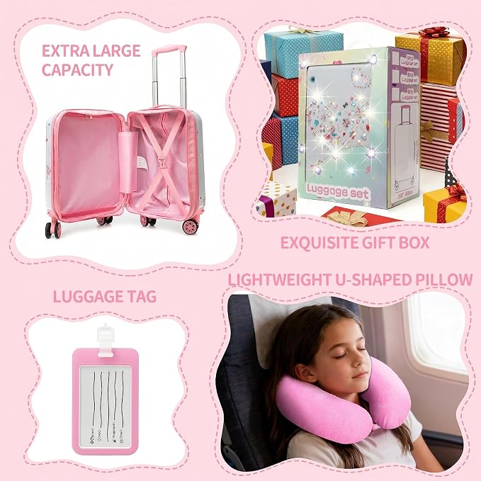 Kids Luggage Sets 2 Piece Pink Rolling Suitcases for Girls with Wheel Shardshell 16" Travel Suitcase with 10 Sheets Gem Stickers - Image 9