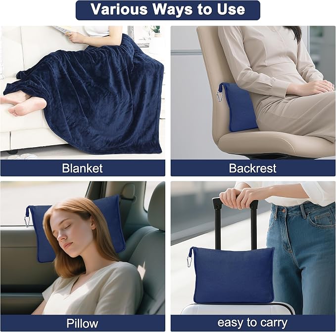 2-in-1 Convertible Travel Blanket & Pillow-Ultra Soft, Compact & Packable with Hand Luggage Sleeve and Backpack Clip for Flight & Car,Navy Blue - Image 4