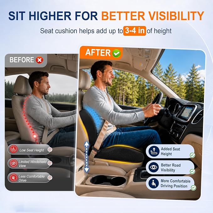 Allaboutsla Car Seat Cushion and Lumbar Back Support Pillow Set for Driving | Memory Foam Car Seat Cushions, Back Support for Car, Car Cushion for Height, Pressure Relief for Trucks, Office Chairs, Black - Image 6