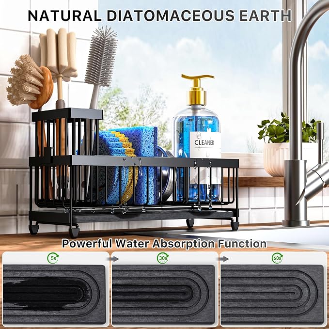 Cisily Sponge Holder for Kitchen Sink, Sink Caddy Organizer with High Brush Holder, Kitchen Countertop Organizers and Storage Essentials (Black Shelf with Stone Tray, Small) - Image 4