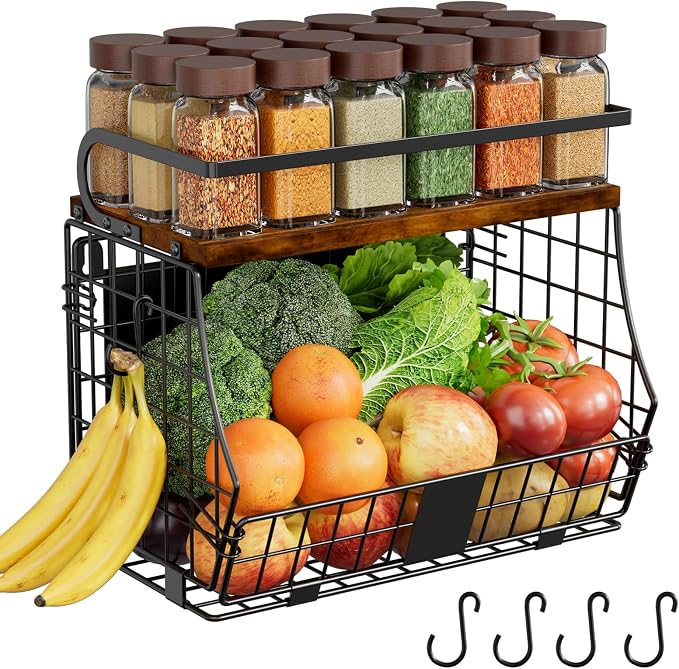 Magnetic Shelf for Fridge with Wood Top & Produce Basket – 2-in-1 Magnetic Spice Rack for Refrigerator – Space-Saving Kitchen Organizer for Fruits, Potatoes, and Onions (with Hooks) by Unknown