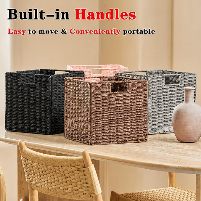 Wicker Basket, Set of 2 Hand-Woven Paper Rope Storage Baskets for Organizing, Foldable Cubby Storage Bins, 11 Inch Large Wicker Storage Basket, Square Baskets Cube Storage Organizer, Brown - Image 6