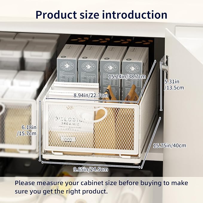 Pull Out Cabinet Organizer, No Drill Adhesive Sliding Drawers for Kitchen, Metal Mesh Wire Storage Shelf for Pantry & Under Sink, White (9.6" W x 15.7" D x 6.1" H) - Image 3
