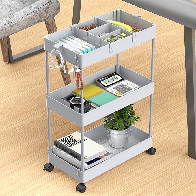3 Tier Rolling Cart with Wheels, Storage Craft Art Trolley Organizer Serving, 3 Hanging Baskets Easy Assembly, for Office, Living Room, Kitchen, Gray - Image 6