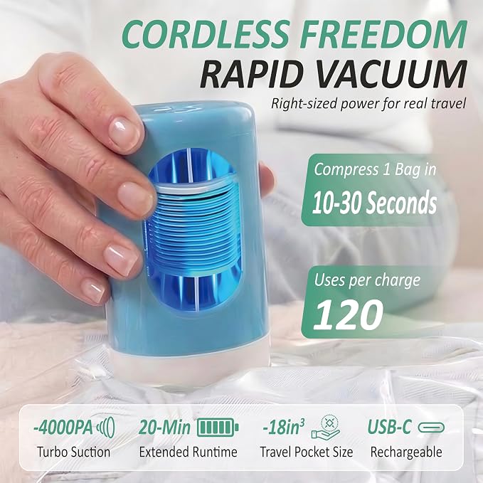 Cozy Essential Travel Vacuum Storage Bags with Rechargeable Cordless USB Pump, Space Saver Bags for Luggage, Suitcase, Carry-On, for Clothes, Blankets, Bedding & Seasonal Storage,35 Combo - Image 3