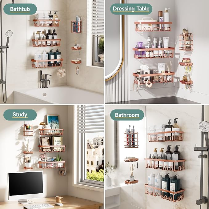 Veken Shower Caddy 6-Pack, No Drilling & Rustproof, Waterproof Adhesive Shelves Rack with Soap Holder, Large Capacity Bathroom Organizers and Storage, Wall-Mounted Kitchen & Home Decor, Rose Gold - Image 8